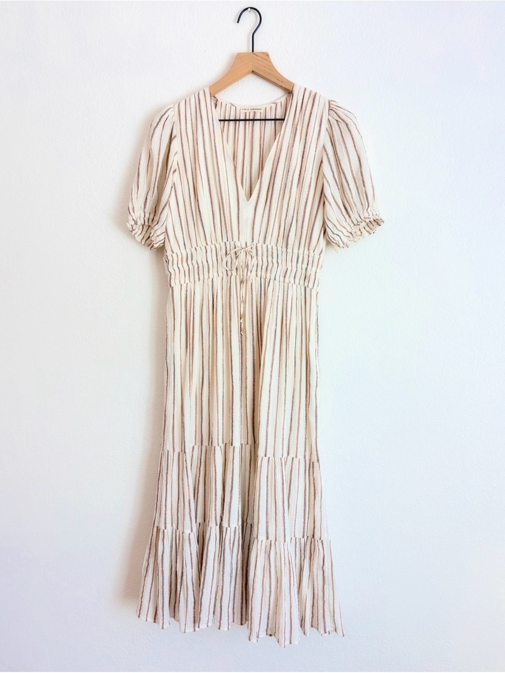 Ulla Johnson Zaria Tiered Coastal Puff Sleeve Midi Striped Cotton Lurex Dress